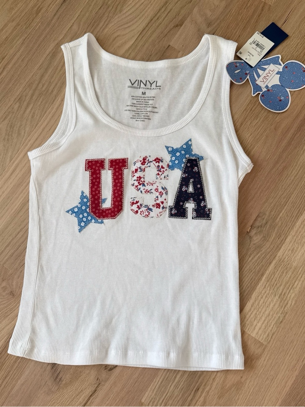 Vinyl Threads Womens M Quilted Patchwork USA White Ribbed Tank Top NWT